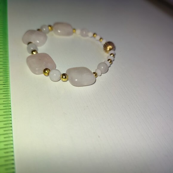 Pink Quartz and Golden Beads Bracelet Elastic Small Hand Wrist Vintage Jewelry - Picture 4 of 5